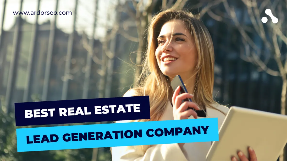 A smiling woman holding a phone and a tablet outdoors, with the words best real estate lead generation company