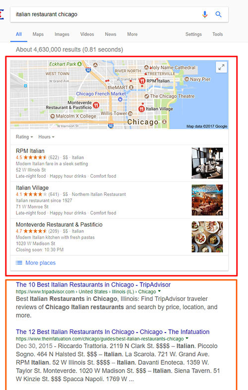 italian-restaurant-chicago Google map search result
