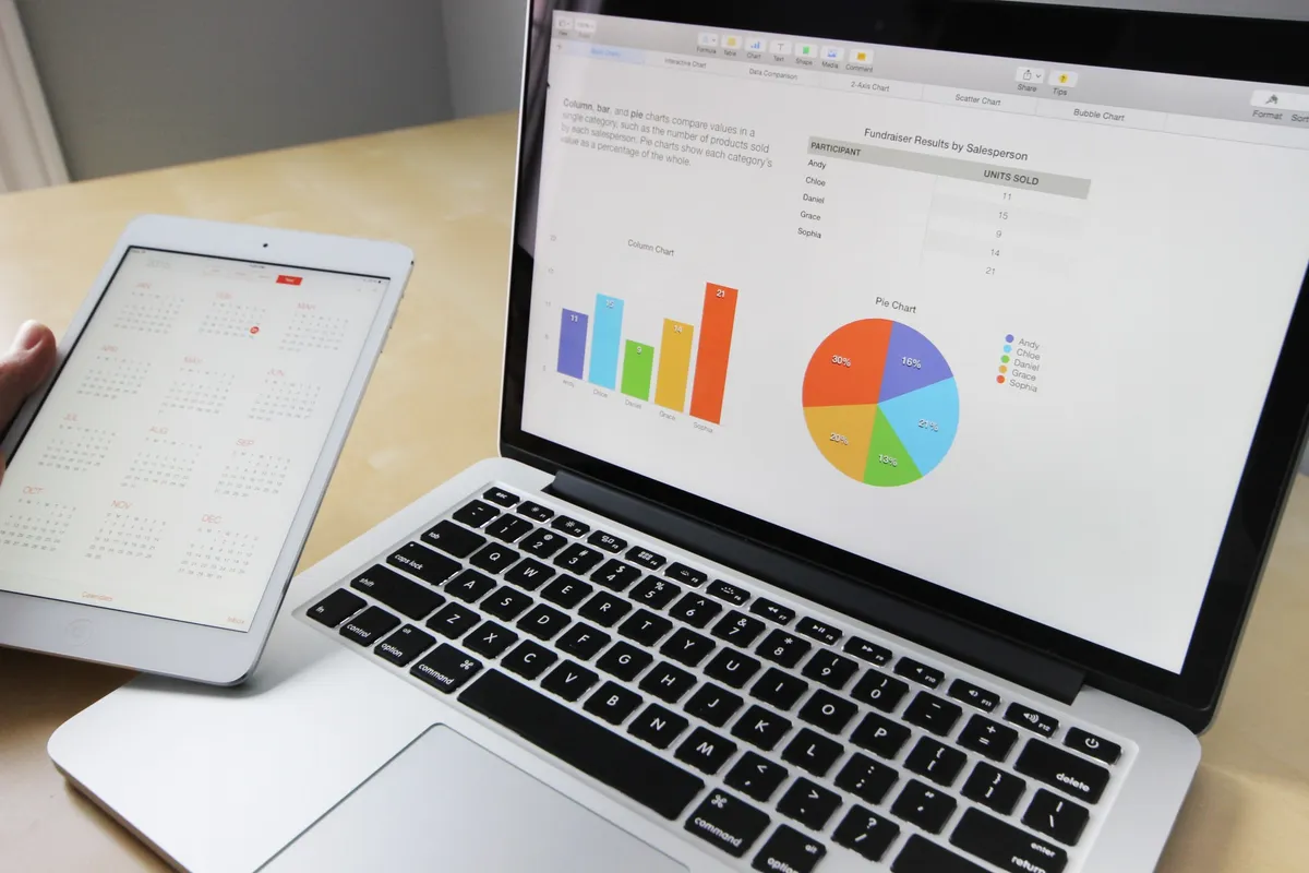 Laptop and tablet showing marketing charts on a desk