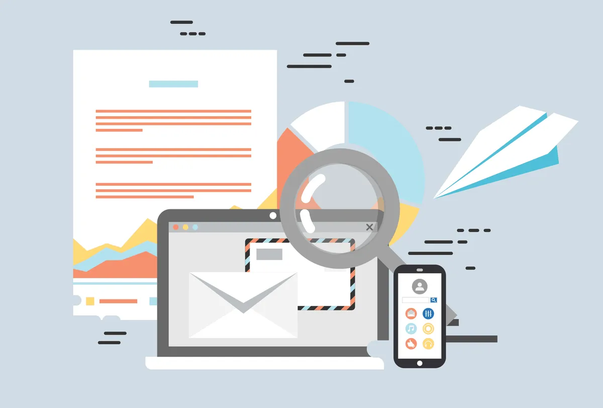 Illustration of email newsletters and analytics on a laptop and phone
