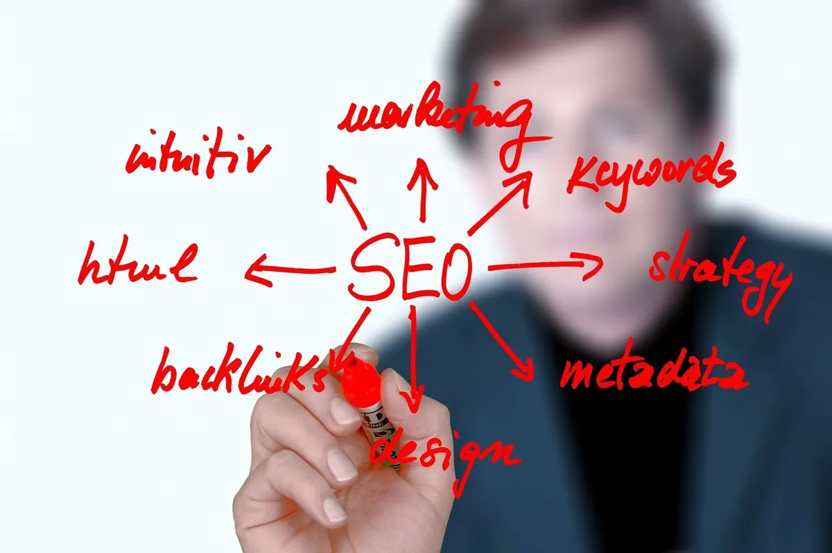 Hand writing SEO on a glass board with arrows to keywords, backlinks, metadata and strategy