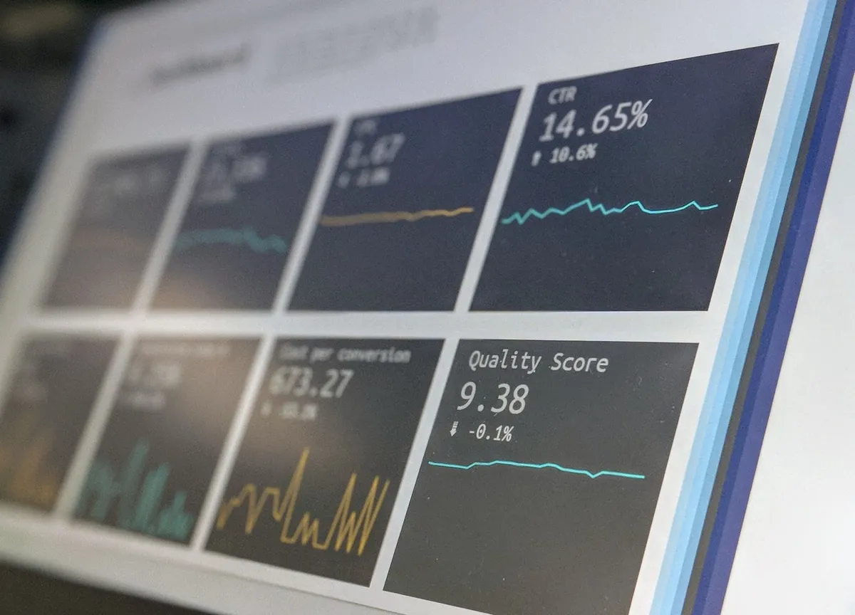 Close-up of a marketing dashboard showing click-through rate, cost per conversion and quality score