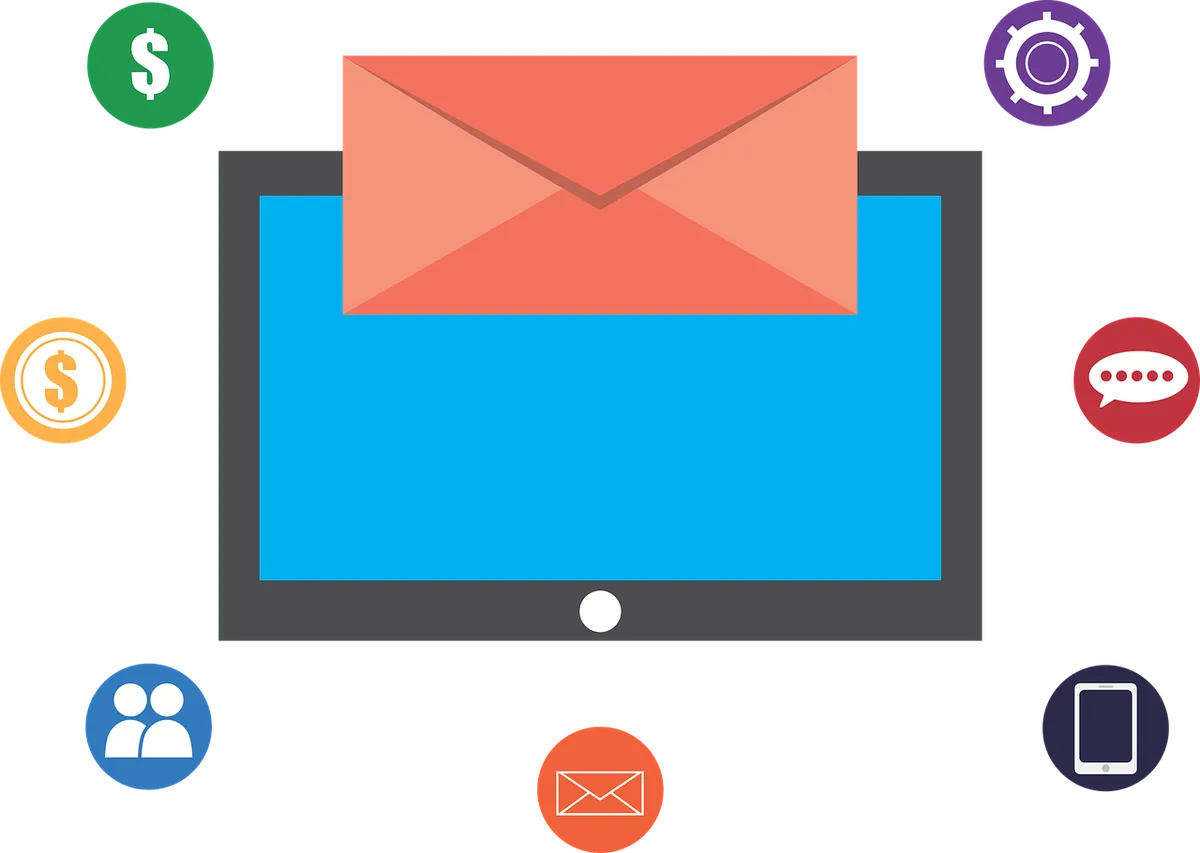 Illustration of an email envelope on a tablet surrounded by marketing icons
