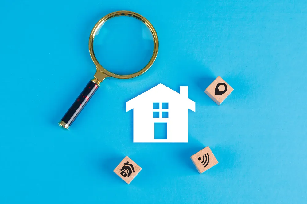 conceptual-real-estate-with-magnifying-glass-wooden-blocks-paper-home-icon-blue-table-flat-lay