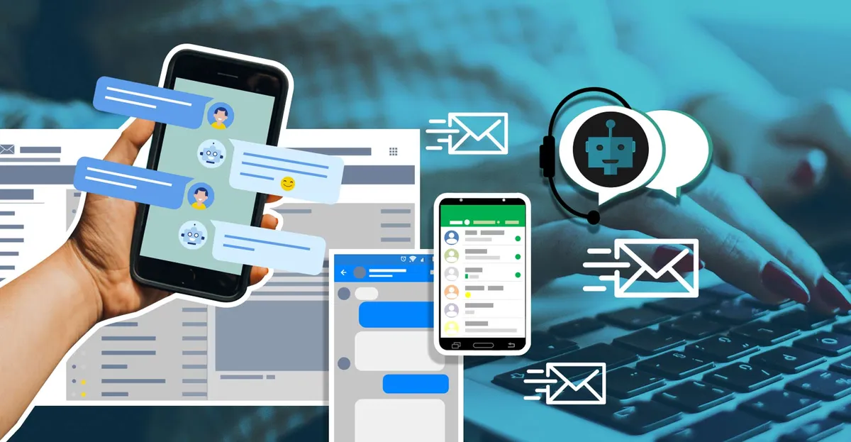 Illustration of chat messages and an AI assistant icon around a laptop and phones