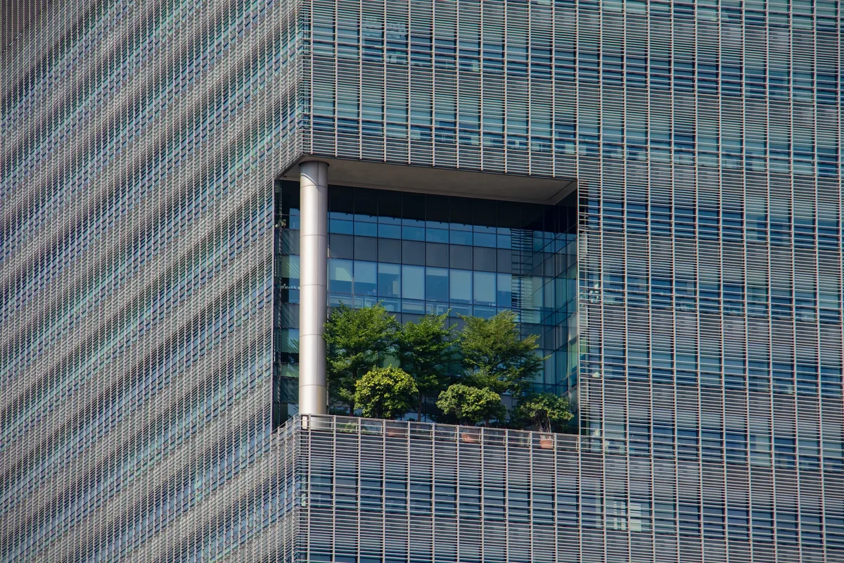 A spot for trees in a Singaporean business building that supports environmentally friendly practices.