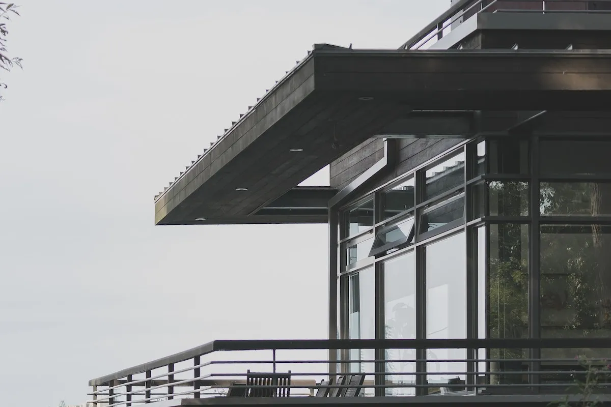 View from the outside of a porch of a modern home.